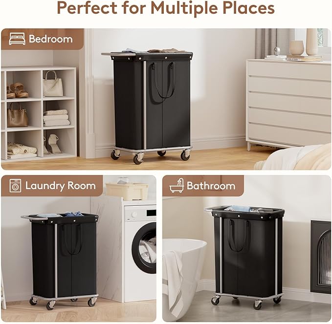 Lifewit 150L Large Laundry Basket with Wheels, Tall 2 Section Laundry Hamper Organizer, Rolling Laundry Cart with Steel Frame & Removable Bag for Luandry Room Bathroom Bedroom, Black