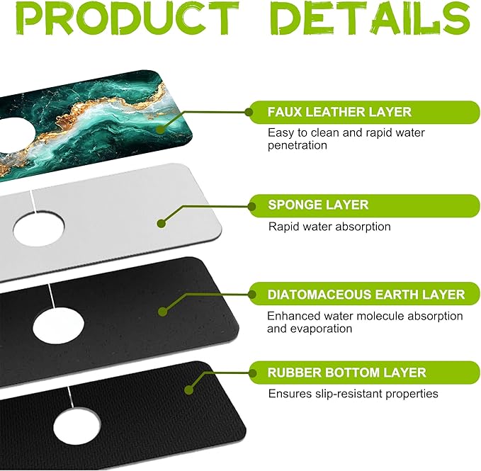 Kitchen Sink Splash Guard Faucet Mat Super Absorbent Fast Drying Mat Guard Behind Faucet Drip Catcher for Kitchen Bathroom (Emerald and Gold Marble Texture, 23.5"X5.5")