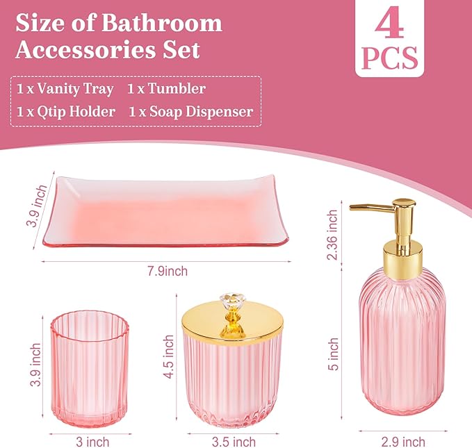 Pink Bathroom Accessories Set 4PCS Glass Bathroom Accessories Set with Soap Dispenser Toothbrush Holder Qtip Holder & Vanity Tray, Pink and Gold Bathroom Decor