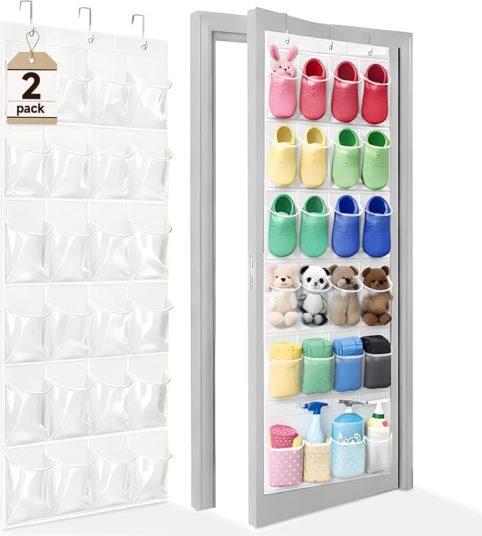 Over The Door Shoe Organizer - 2 Pack Shoe Rack for Door with 24 Pockets and Hooks, Shoe Holder Back of Door Organizers for Shoes, Hanging Shoe Organizer for Space Saving, White