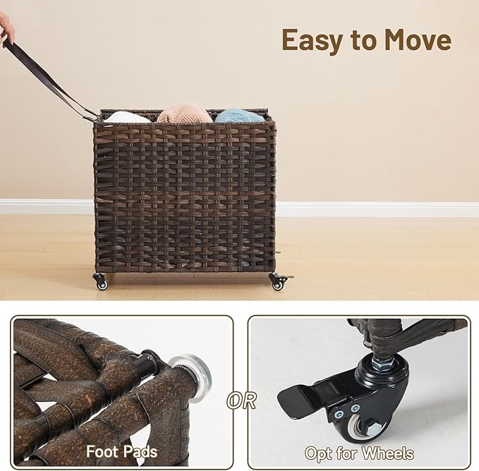 Laundry Hamper with Wheels, 34.3 Gallon(130L) Rolling Laundry Basket with Lid, 3-Section Rattan Clothes Hamper with 3 Removable Liner & 3 Mesh Bags, Laundry Sorter with Side Pocket, Brown