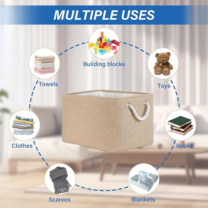 Temary Fabric Storage Cubes Bins Basket 4 Pack for Organizing Home, Shelves, Closet, Empty Gift Baskets with Rope Handles for Gift Empty (15 * 11 * 9.5"-Linen Yellow)