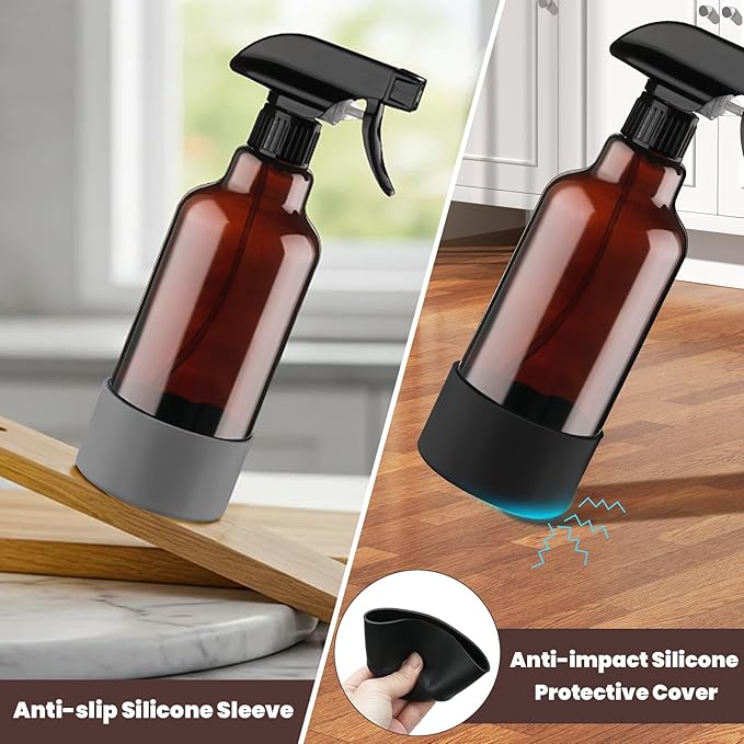 Glass Spray Bottles with Silicone Sleeve, 2 Pack 16 oz Refillable Amber Glass Spray Bottle with Adjustable Spray Nozzles, Empty Bottle Spray for Cleaning Solutions, Hair, Plants (Black+Blue)