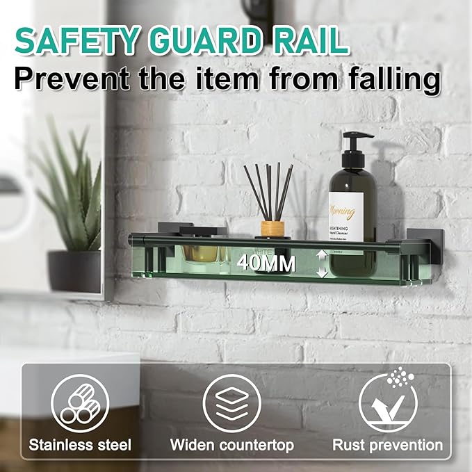 SFGSOWOR Glass Shelf 16IN for Bathroom Black Rectangular Stainless Steel Tempered Glass Modern Wall Mount Shelf Sink Over Toilet Bathroom Organizer (Matte Black, 16‘’)