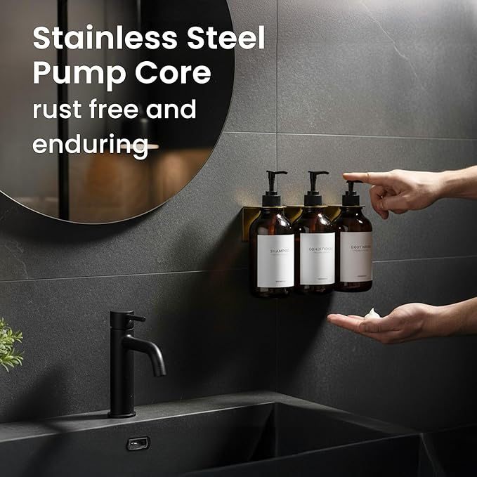 MaisoNovo Shampoo and Conditioner Dispenser - Shower Soap Dispenser Wall Mounted - 16.9 fl oz Set of 3 Amber Plastic Bottles Black Pump - 3 Chamber No Drill