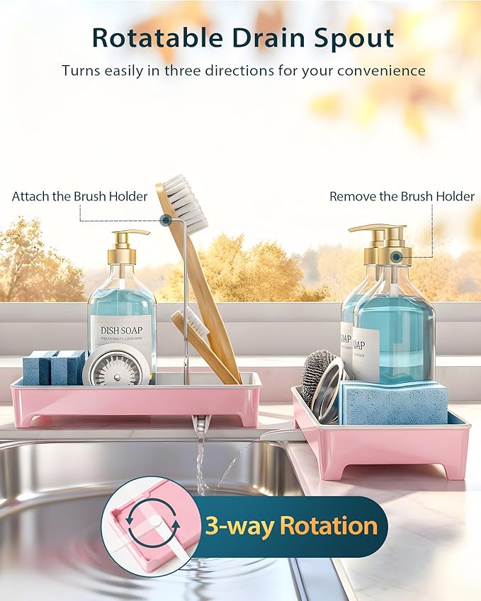 Minimalist Sink Caddy, Rustproof Sponge Holder for Kitchen Sink with 304 Stainless-Steel Brush Holder, Countertop Rack Organizer with Raised Ridges & Silicone Drain Tube (Blush Pink)