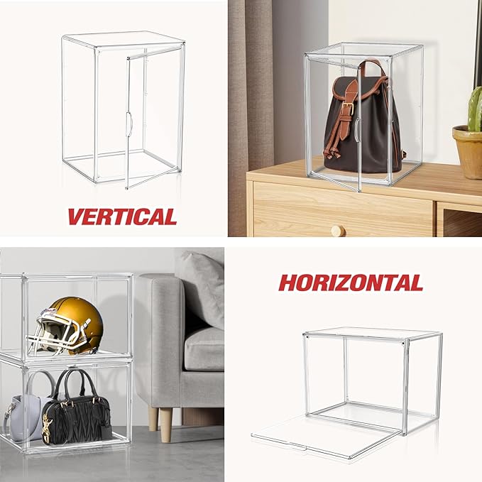 4 Pack XXX-Large Clear Purse Organizers for Closets 17.7"x13"x13" Acrylic Display Case Clear Shoes Storage Box Stackable Handbag Storage Organizers Helmet Display Cabinet Storage Bins with Lid
