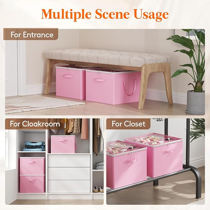 Lifewit Shoe Storage Organizer for Closet, Fabric Large Shoe Box Storage Containers with Clear Cover, Foldable Bins for Boots Heels Sneakers Fits 24-32 Pairs (Each 12-16 Pairs) 2 Pack Pink