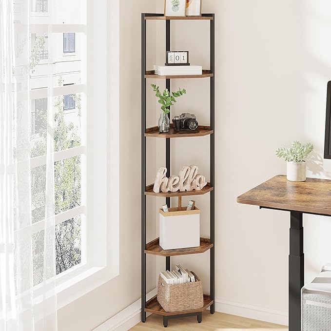 Corner Shelf Stand, Corner Bookshelf, Storage Standing Shelf Unit with Metal Frame, Plant Stand, Bookcase for Living Room, Home Office, Bedroom, 6-Tier Rustic Brown CS06001B