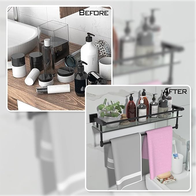 Glass Shelves for Bathroom with Towel Bar/Rack 24" Tempered Glass Shelves with Stainless Steel Towel Holder for Wall Shelf Sink Over Toilet (Matte Black)