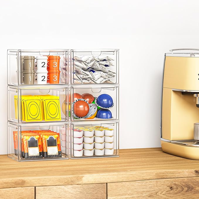 6 Pack Small Stackable Stroage Drawers, Acrylic Bathroom Makeup Organizer, Plastic Storage Bins for Vanity, Undersink, Kitchen Cabinets, Pantry, Home Organization