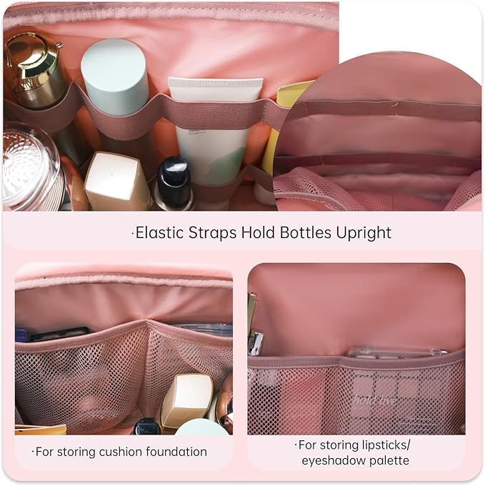 SUNRISING Travel Toiletry Bag, Lightweight Large Wide-open Travel Bag for Women, Puffy Cosmetic Makeup Bag Organizer with Handle for Accessories Essentials Toiletries - Pink