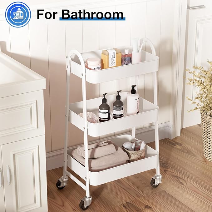 OLIXIS 3 Tier Utility Rolling Cart, Metal Mobile Storage Shelf with Lockable Caster Wheels, Organization for Livingroom, Bathroom & Narrow Places, White