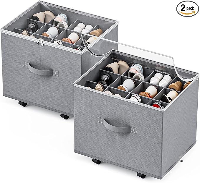 HOUSE AGAIN 2 Pack Shoe Organizer for Closet with Wheels, Shoe Storage Box, Shoe Storage Organizer with Adjustable Dividers and Clear Cover, Space-Saving & Fits up to 12-24 Pairs of Shoes