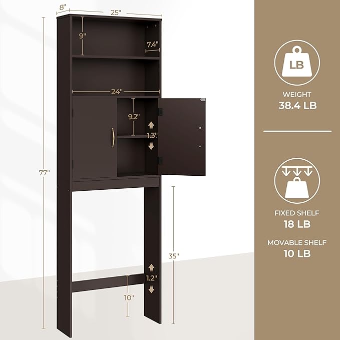 Yaheetech Over The Toilet Storage, Taller Bathroom Organizer Space-Saving Storage Cabinet with Adjustable Shelves and Double Doors, 77 in H, Espresso