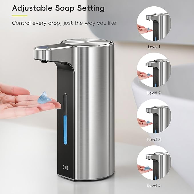 EKO Aroma Pro 13.5 fl oz Touchless Automatic Liquid Soap Dispenser, Rechargeable Hand & Dish Soap Dispenser for Bathroom and Kitchen, Waterproof, Adjustable Volume Control (Stainless Steel)