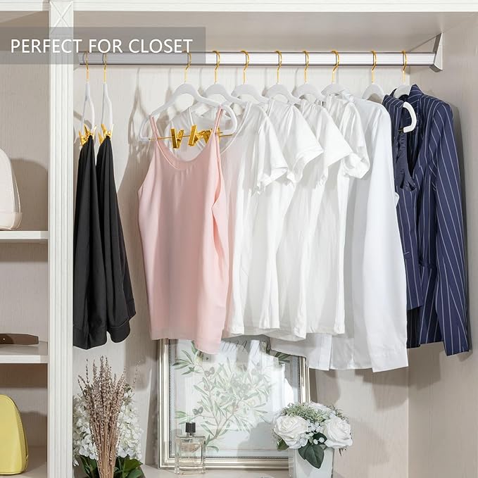 MIZGI Premium Velvet Pants Hangers with Adjustable Clips (Pack of 10) Slim Skirt Hangers- Non Slip Felt Outfit Dress Hangers White - Gold Hooks,Space Saving Shirt Clothes Hangers