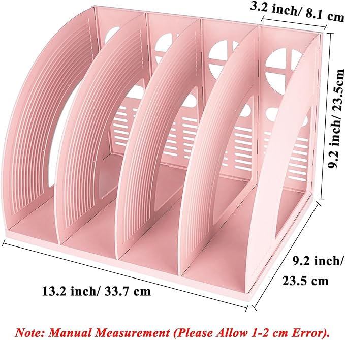 SAYEEC Sturdy Magazine Holder 4 Compartments Plastic Desktop File Organizer File Dividers Office Organizer Storage Document Magaizne Rack Display Box (Pink)