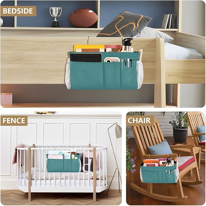 KOPIRIT Navy Teal Bedside Caddy Storage Bag Bedside Organizer for College Dorm Top Bunk Bed Hanging Storage Organizer 6 Pockets with Hooks for Drinks Magazine Phone Holder