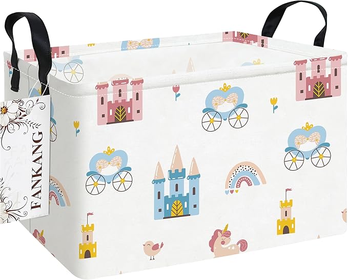 FANKANG Storage Bins, Nursery Hamper Canvas Laundry Basket Foldable with Waterproof PE Coating Large Storage Baskets for Kids Boys and Girls, Office, Bedroom, Clothes,Toys(Rec-castle carriage ）