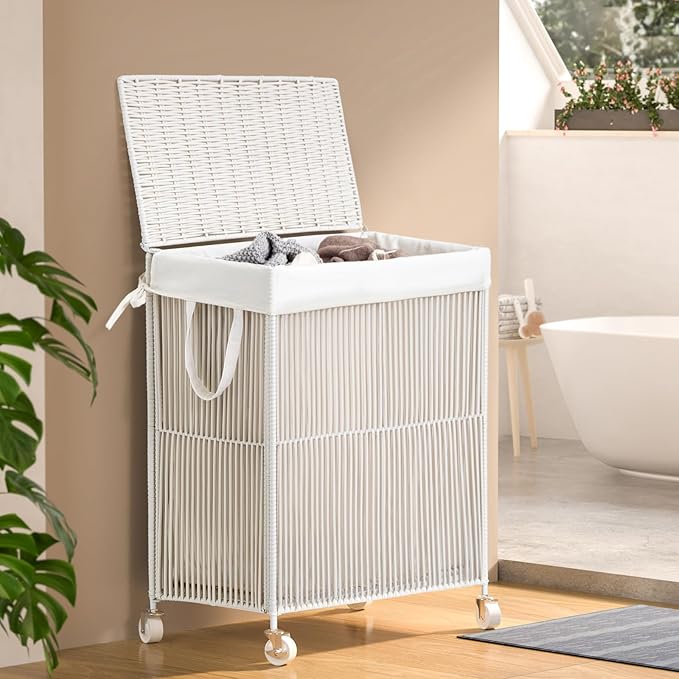 WOWLIVE Laundry Hamper with Wheels, Handwoven Rolling Laundry Basket with Lid, Clothes Hamper with Divided Removable Liner Bag, 115L Large Laundry Sorter Laundry Room Organization, Creamy White