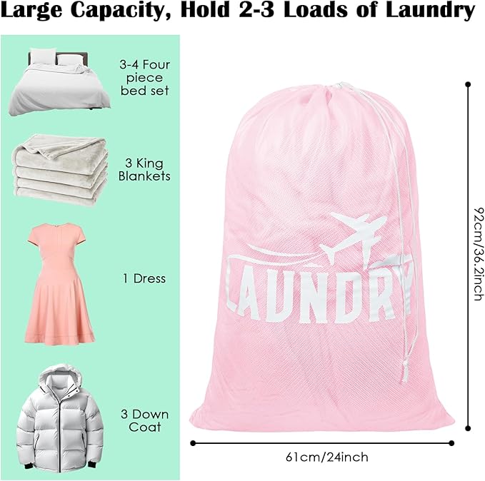 2 Pack Large Mesh Laundry Bag, Heavy Duty Laundry Bags with Drawstring, Laundry Hamper Liner, Machine Washable, for Travel, Storage, Sports, Dorms and Apartment Dwellers, 24 x 36 Inches (Pink+Green)