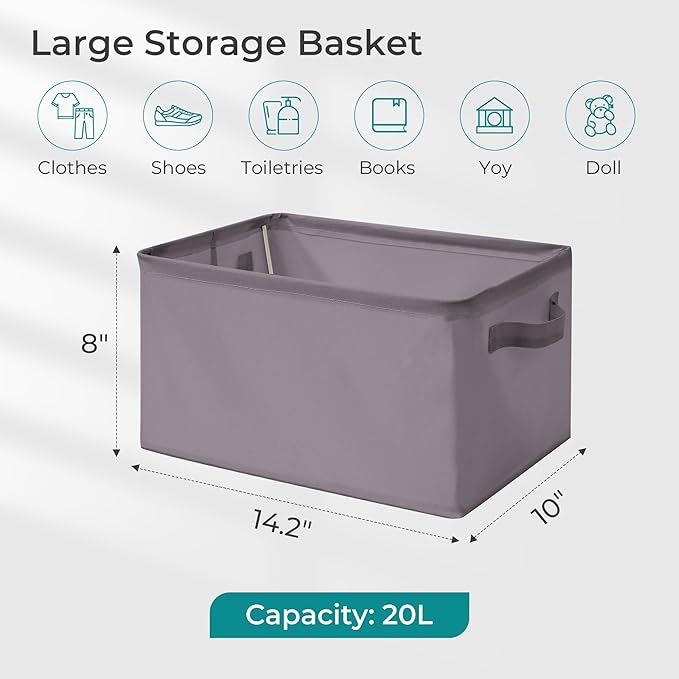 Storage Basket Bins with Metal Frame, Large Collapsible Fabric Storage Baskets for Organizing Shelf, Basket Organizer W/Handles for Blankets, Towels, Laundry, Shelves, 4-Pack, Gray