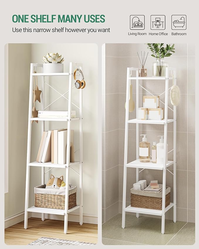Ladder Shelf, Bookshelf Bookcase, Freestanding Corner Storage Shelve with 2 Hooks for Home Office, Living Room, Kitchen, Bedroom, Industrial, 4-Tier White BC13213W