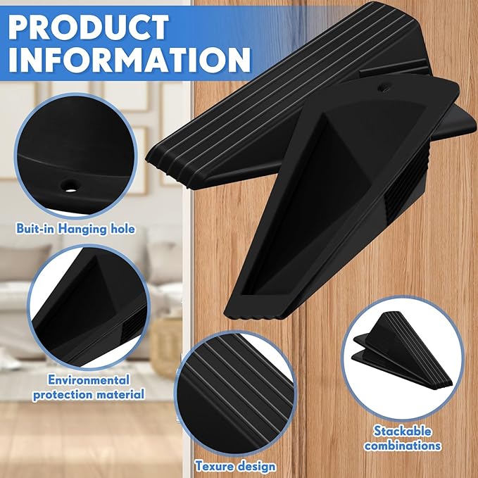 Frienda 2 Pcs Jumbo Door Stoppers Heavy Duty Door Stopper Tall up to 2inch Tall Wedge TPR Large Wedge Stackable Big Rubber Doorstop for Hotel Carpet Hardwood Concrete and Tile (Black)