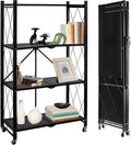 4-Tier Foldable Storage Shelf with Wheels, Metal Collapsible Shelving Unit, Heavy-Duty Rolling Cart for Kitchen Pantry Garage Office, Pre-Assembled Organizer Rack – Black