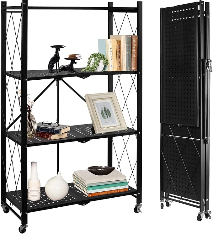 4-Tier Foldable Storage Shelf with Wheels, Metal Collapsible Shelving Unit, Heavy-Duty Rolling Cart for Kitchen Pantry Garage Office, Pre-Assembled Organizer Rack – Black
