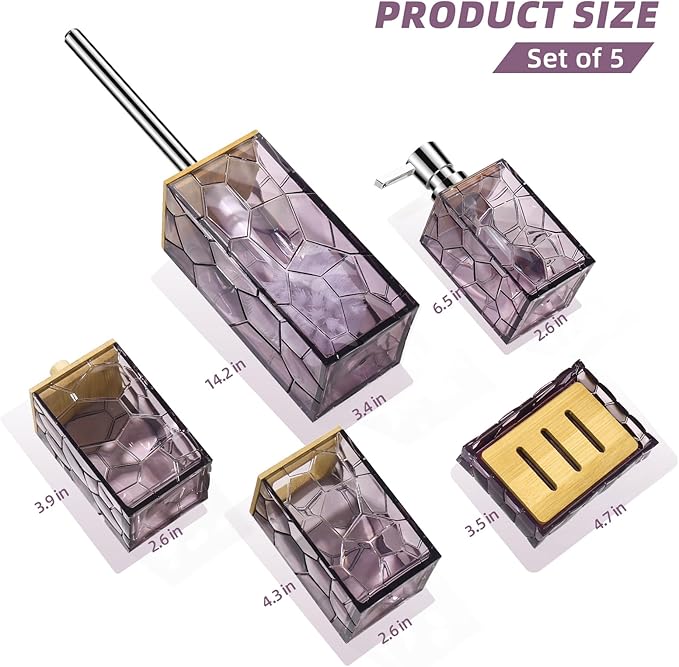 Lavender Purple Bathroom Accessories Set, Toothbrush Holder, Soap Dispenser, Cotton Swabs Holder, Soap Dish, Toilet Brush with Holder, Bamboo Bathroom Decor,Acrylic (Purple)