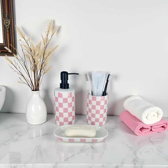 Pink Bathroom Toothbrush holder set, Cute Ceramic Bathroom Accessories, Includes Hand Soap Dispenser, Tooth Brush Holder, and Soap Dish, Funny Bathroom Accessories sets for Girls Woman Guest Bathrooms