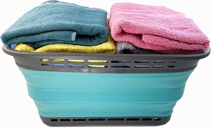 SAMMART 42L (11 Galloons) Collapsible Plastic Laundry Basket - Foldable Pop Up Storage Container/Organizer - Portable Washing Tub - Space Saving Hamper/Basket[BPA Free] (Grey/Crystal Blue (Set of 2))