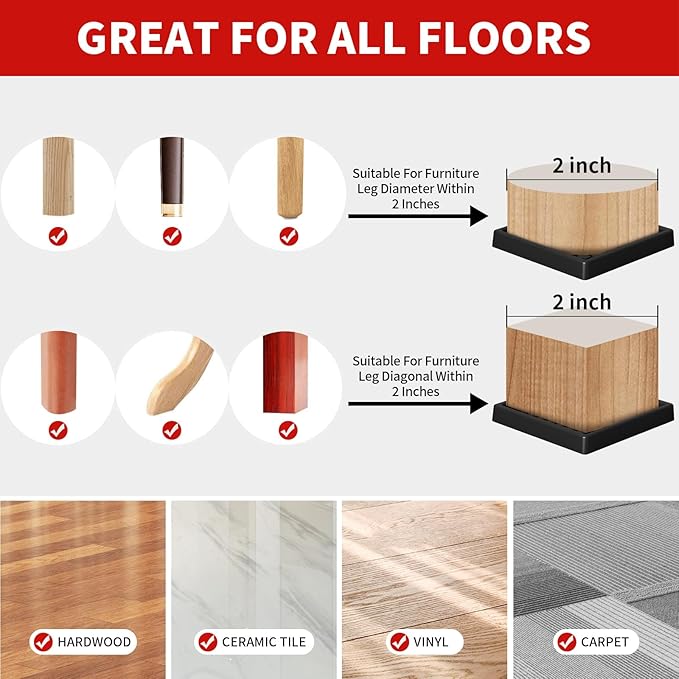 Ezprotekt Non Slip Furniture Pads, 12 Pcs 2" Anti Slip Rubber Caster Cups, Anti Skid Furniture Coasters for Hardwood Floors, No Slide Furniture Gripper, Furniture Stoppers to Prevent Sliding (Black)
