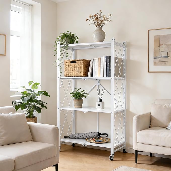 4-Tier Foldable Storage Shelf with Wheels, Metal Collapsible Shelving Unit, Heavy-Duty Rolling Cart for Kitchen Pantry Garage Office, Pre-Assembled Organizer Rack – White