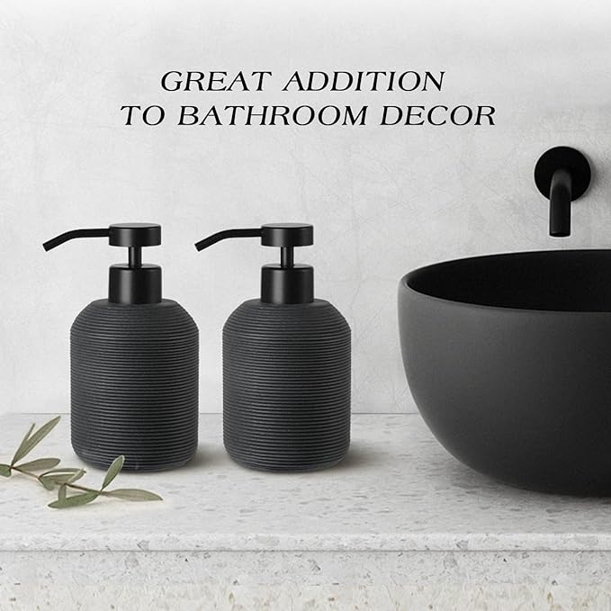 Black Hand Soap Dispenser, Matte Black Soap Dispenser for Bathroom 2 Pack, 12 Fl Oz Resin Soap and Lotion Dispensers Set with Plastic Pump, Boho Refillable Liquid Dish Soap Dispensers Bottle