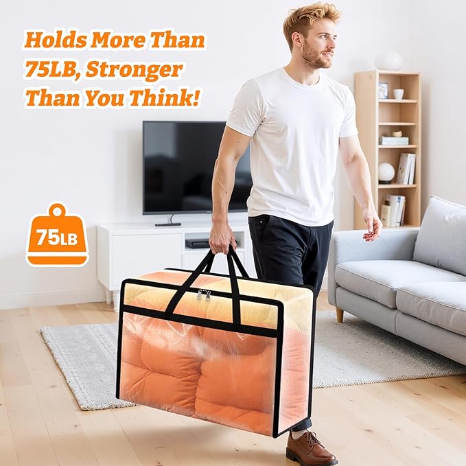 BlissTotes 8 Pack Clear Clothes Storage Bags, Moving Bags, Foldable Blanket Storage Under Bed Storage Containers with Sturdy Zipper and Handle for Clothing, Comforter, Bedding, Sheet (60L)