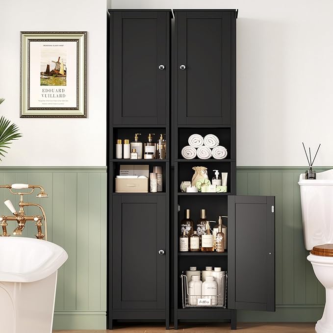 TEENFON 67" Tall Bathroom Cabinet with Adjustable Shelves and Doors, Narrow Bathroom Storage Cabinet for Small Space, Living Room, Entryway, Kitchen, Black