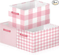 Boao 3 Pack Pink Checkered Storage Bins, Large Collapsible Canvas Baskets with Handles, Empty Decorative Holiday Gift Baskets for Christmas Home Organization, Bedroom, Closet, Shelves, Nursery Decor