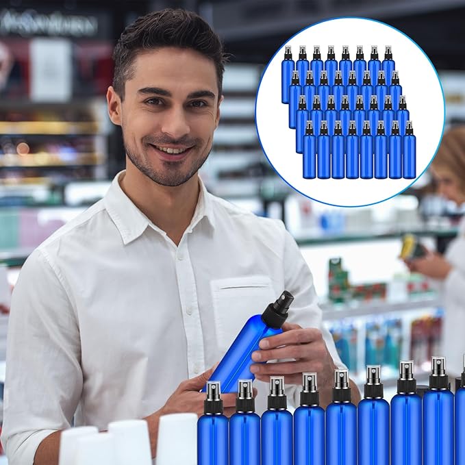 Eccliy 32 Pcs 8 oz Spray Bottles Fine Mist Plastic Spray Bottles Clear Empty Sprayer Hairs Refillable Travel Sprayer with Pump Cap for Cleaning Oils Travel Perfumes(Blue,Clear)