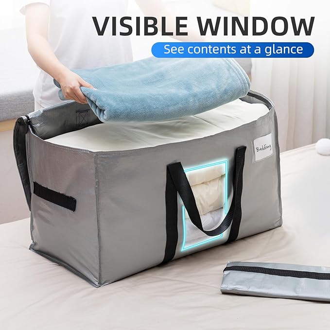 TAILI Extra Large Moving Bags, 4 Pack Silver Heavy Duty Totes for Storage with Visible Window, Wrap Around Handles, Space Saving Storage Bags for Moving Supplies, Alternative to Moving Boxes