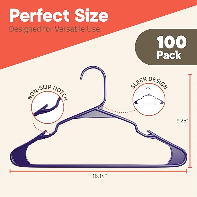 Purple Plastic Hangers 100 Pack– Heavy-Duty Plastic Hangers Slim and Space-Saving, Durable and Lightweight with Non-Slip Shoulder Notches for Slip Dresses, Suits, Jackets & Camisoles