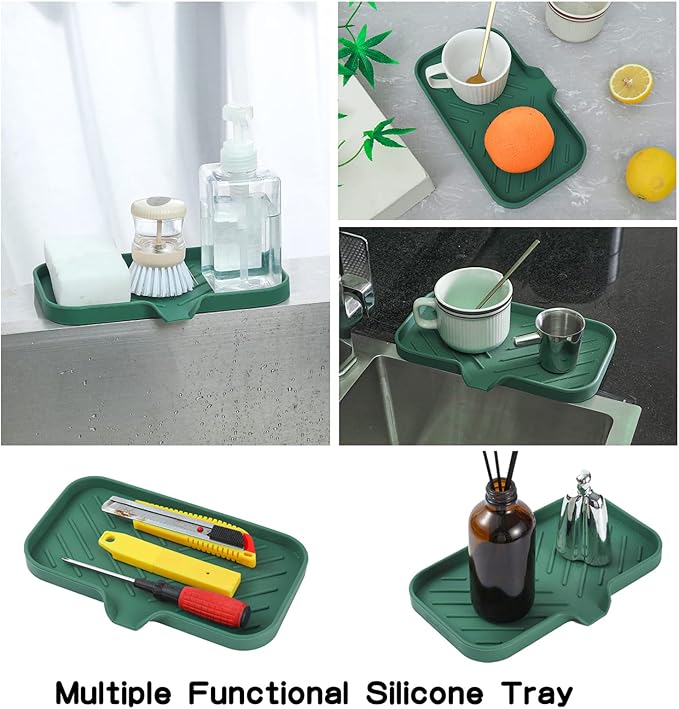 MicoYang Silicone Bathroom Soap Dishes with Drain Spout-Bathroom and Kitchen Sink Organizer,Sponge Holder,Dish Soap Tray,Perfect for Dispenser,Scrubber,Bottle,Cup on Sink or Counter-Green 9.6"×5.3"