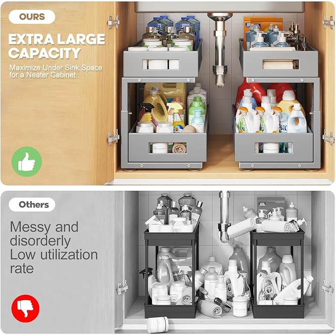 2 Packs 19IN Depth Under Sink Organizer, 2-Tier Pull Out Cabinet Organizer With Smooth Circular Rail, Large Capacity Metal Mesh Sliding Drawers For Bathroom& Kitchen Storage,Height Adjustable–Gun Gray