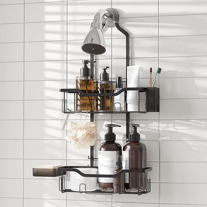 Hanging Shower Caddy Over Head,2 Tier Rustproof Shower Organizer for Tall Showerhead,No Drill Bath Caddy Hanging with Soap Dish and Toothbrush Holder for Razor and Sponge,Black