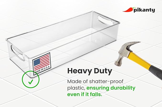 Pikanty - 15-Inch Refrigerator Organizer Bin with Handles - Clear Plastic Storage for Fridge, Pantry, or Countertop - Dishwasher Safe - Made in the USA