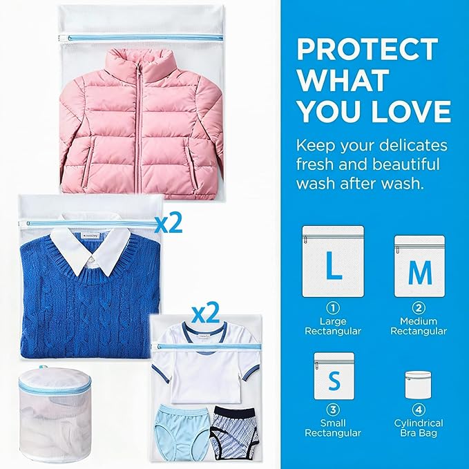 6 Pack Mesh Laundry Bags for Delicates with Auto-Lock Zipper, Durable Fine Washing Bag for Lingerie, Socks, Baby Clothes, Reusable Garment Bags for Travel, Storage & College Dorm (1L 2M 2S 1Bra Bag)