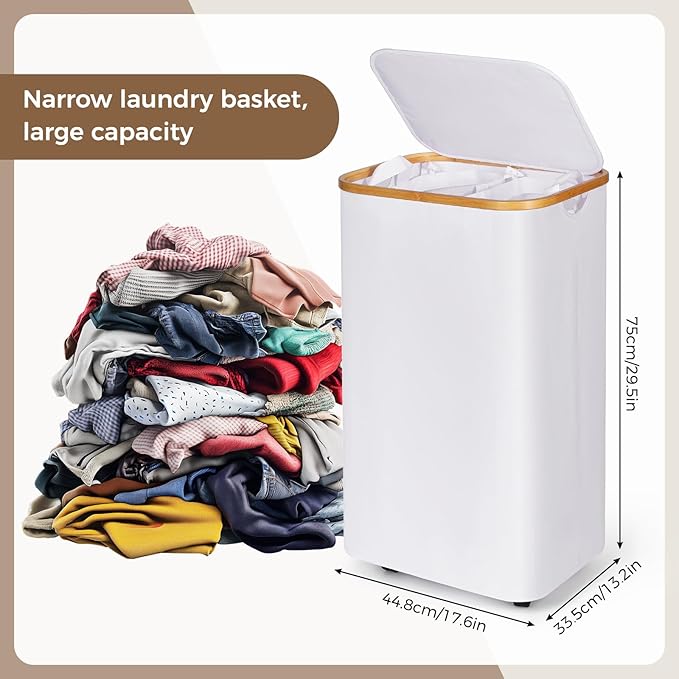 110L Slim Laundry Basket with Lid, Rolling Laundry Hamper with Bamboo Handles, Collapsible Dirty Clothes Basket Organizer with Removable Inner Bag and 3PCS Lingerie Bags for Washing Delicates