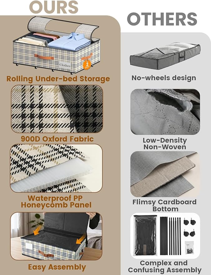 2-Pack Under Bed Storage with Wheels and 6 Vacuum Seal Bags, Adjustable Height 7.9"-10.2",63L Clear Lid Expandable Organizer for Bedding Blankets Clothes Shoes Toys, Space Saving Quick Assembly